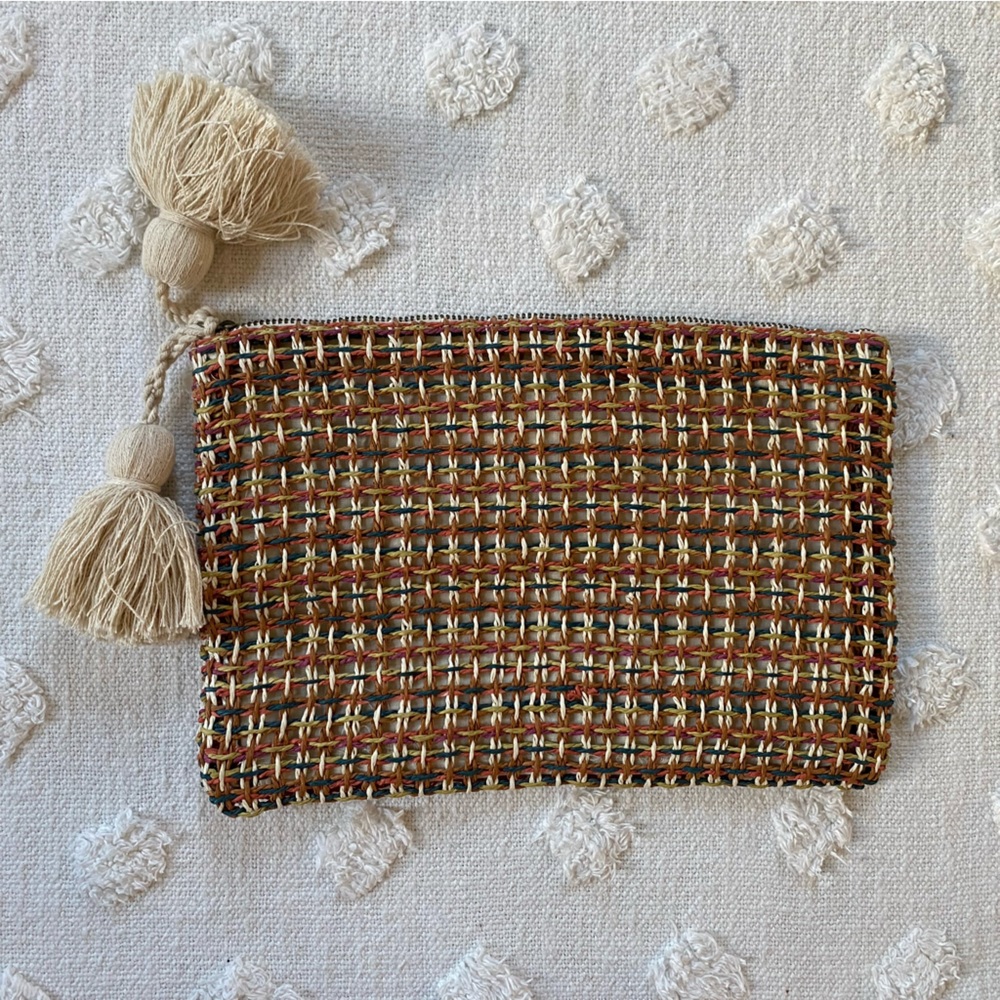 Madewell Raffia Large Zip Pouch 2 Tassels Rainbow Weave Clutch Beach Coastal - Picture 6 of 8